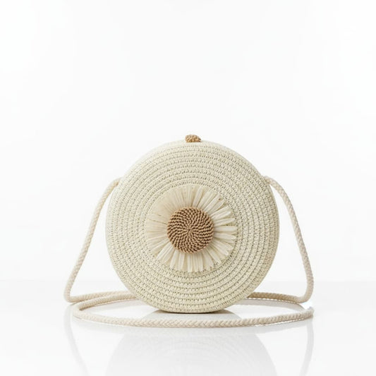 Sac Rond Bohème Fleur Vintage Paille – Femme